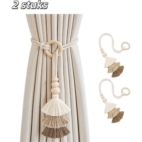 Set of 2 curtain tiebacks with tassels and wall hooks for bedroom and living room, white (1/5)