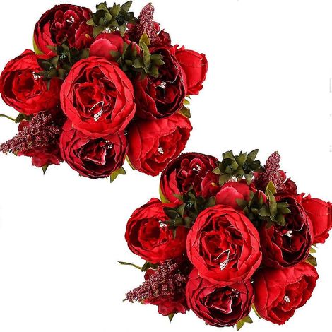 Vintage-Kunstblumenstrauß aus Pfingstrosen aus Seide zur Dekoration (rot x2)