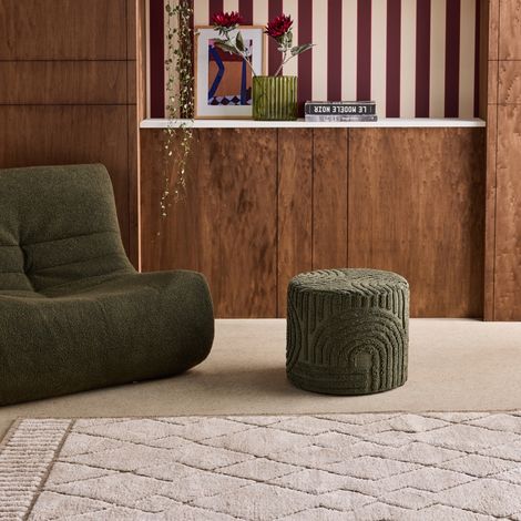 Pouf rond bouclette tuftée kaki Ø43 x H 37cm - Nuba