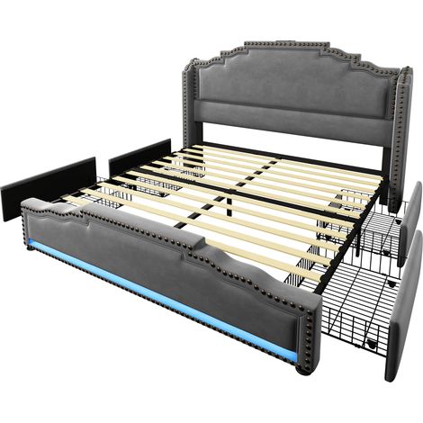 Polsterbett 140x200 cm in Grau, Samt, 4 Schubladen, LED, USB/Typ-C, mit Matratze (1/5)