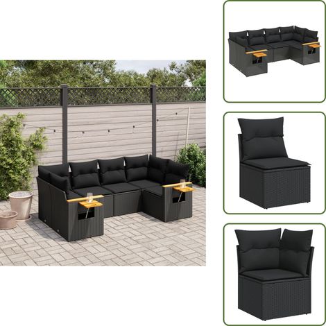 6-tlg. Garten-Sofagarnitur mit Kissen Schwarz Poly Rattan - Gartensortiment - Outdoor Möbel - Lounge Set - Gartenlounge - Rattan Gartenmöbel