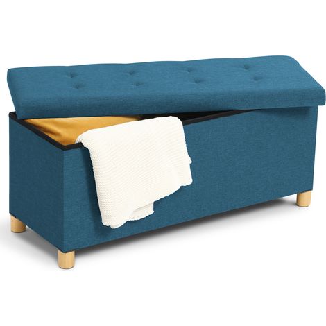 Idmarket – Banc d'entrée coffre rangement sur pied 100 cm – Tissu lin bleu canard – Assise rembourrée – Pieds en bois d'hévéa 5 cm