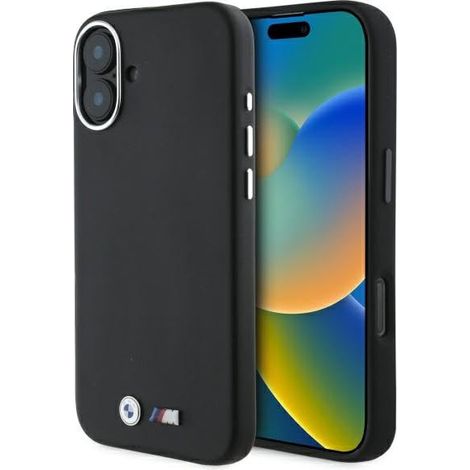 Coque rigide BMW BMHMP16M23PMWK pour iPhone 16 Plus 6,7" noire/noire, modèle M, lisse, entièrement enveloppante en métal, compatible MagSafe