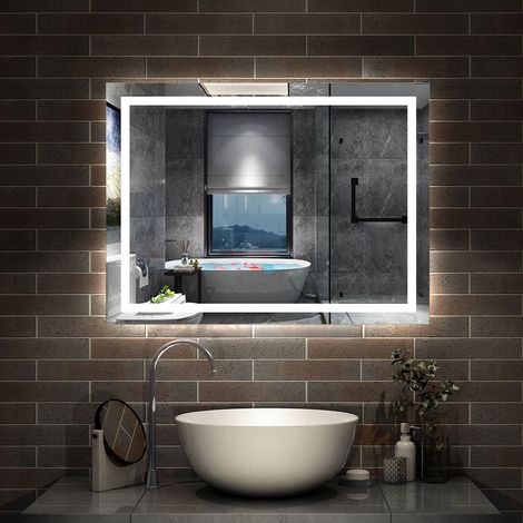 Aica Sanitarios  Espejo de baño con luz LED，espejo rectangular,100 x 60 cm, luz con 3 colores+ brillo ajustable+ antivaho+ funciñon de memeoria agapada
