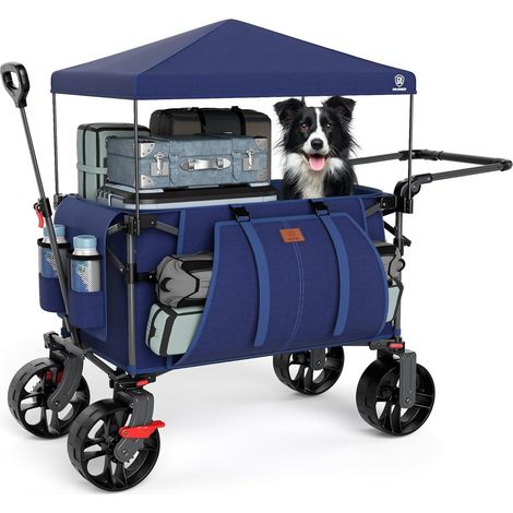 Chariot de Plage Pliable XXL de 225 L à 150 kg avec Frein et Toit - Chariot de Plage avec Roues de 20x9 cm - pour Camping, Plage, Courses, Bleu (1/5)