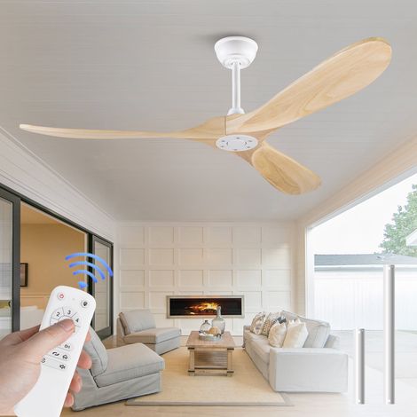 REDOM Ventilatore da soffitto senza luce, motore DC silenzioso, 6 velocità, telecomando, metallo e legno, bianco e naturale