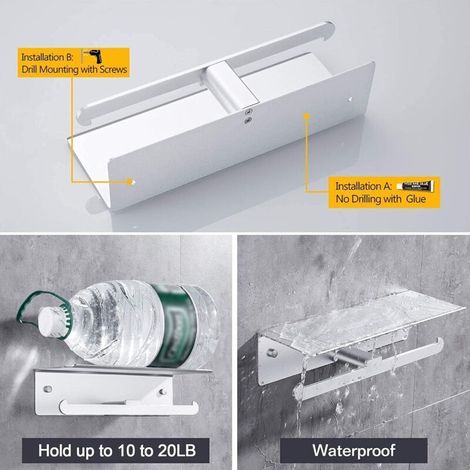 Porte-papier toilette mural aluminium double rouleau sans perçage avec plateforme de rangement et protection anti-chute – Argent (1/3)