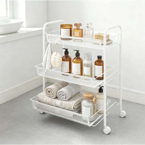 Carrello portaoggetti a 3 ripiani con cestelli, acciaio bianco, 45 x 26,5 x 63 cm DESVIAE (1/5)