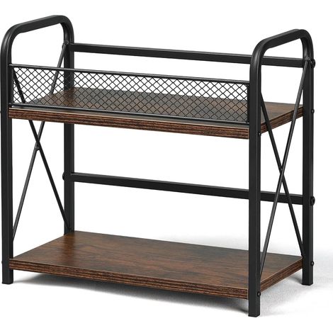 Étagère à épices sur pied à 2 niveaux, étagère de cuisine en métal et bois, design industriel, étagère de rangement pour cuisine, bureau, salon, salle de bain, marron vintage/noir, 32 x 30 x (1/5)