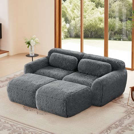 Canapé 2 Places Modulable en Tissu peluche 204x179x73 cm – Sofa avec Méridienne Combinable, Accoudoirs Ergonomiques, Base Antidérapante et Tissu Élastique – Gris