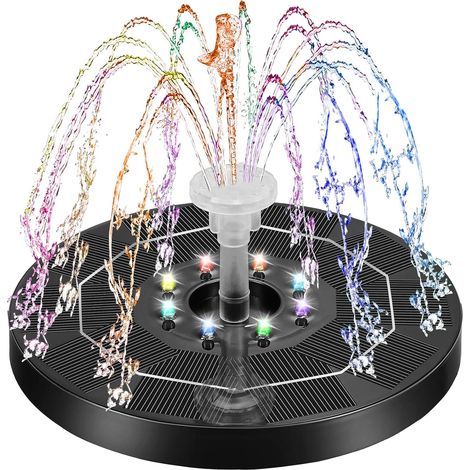 Fontaine solaire autonome flottante pour étang et espace vert, 3 Watts de puissance, éclairage LED et 6 buses pour différents jets (1/5)
