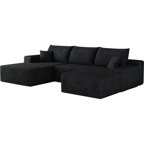 CHICFURN Sofá esquinero modular de 270 cm sin montaje, con chaise longue reversible y asiento profundo, tapizado en terciopelo acanalado negro para salón y dormitorio (1/5)