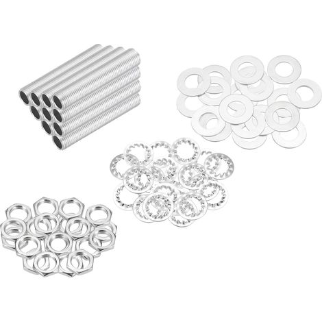 70Pcs Tube Fileté M10 à Filetage Fin 5cm de Long x 7mm ID Kit de Raccords pour Tubes de Lampe avec Écrous Hexagonaux et Rondelles, pour Réparation Bricolage, Argent (1/5)