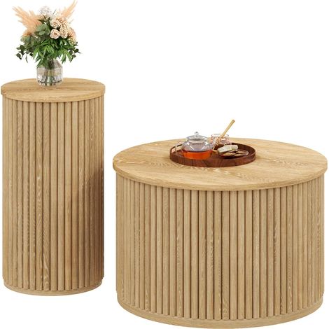 CHICFURN Set de 2 mesas de centro redondas 60x60x38,5 cm en MDF natural (1/5)