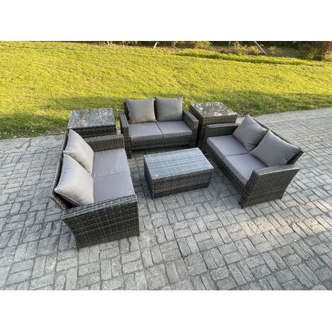 Fimous Dark Grey 6 Seater Outdoor Rattan Garden Furniture Set Patio Love Sofa Rectangular Coffee Table Set with 2 Side Tables