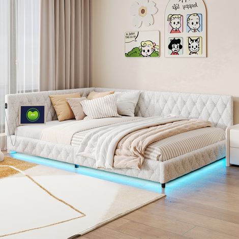 lit 140x200cm, Canapé lit, Lit double avec sommier, LED réglable, Chargement USB, canape lit 2 Places, peluche polaire, beige