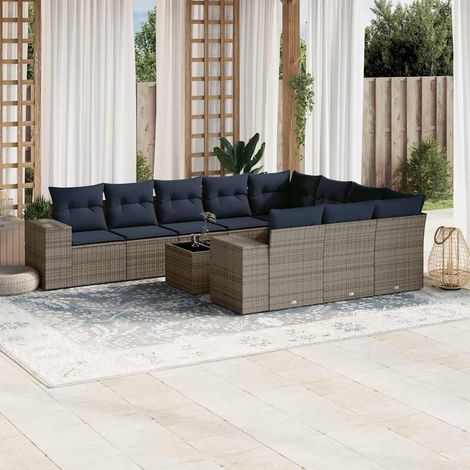 Salon de jardin 11 pièces en résine tressée gris avec coussins bleu marine, 89.49kg - PANGIVO (1/5)