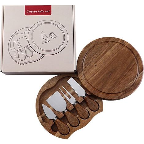 Plateau à fromage en acacia avec 4 couteaux et mini bol, plateau traiteur portable pour apéritif, anniversaire ou mariage. (1/5)