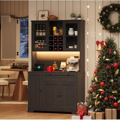 Buffet de cuisine haut avec étagères réglables, porte-verre, LED multicolore et prises 180x105x40 cm (1/5)