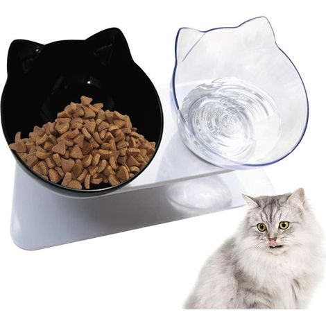 Bol Pour Chat - Bol Incliné 15° Double Compartiment - Base Antidérapante - Diamètre 13 Cm - Hauteur 7 À 9 Cm - 2 Bols + 1 Base (1/5)