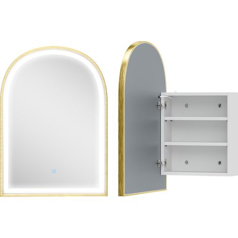 Armadietto da parete per bagno ad arco 50 x 14.5 x 70 cm antiappannamento illuminazione regolabile moderno ed elegante in vetro temperato dorato 210002137