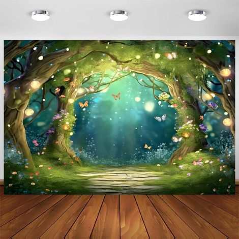 3x2m Toile de Fond Foret enchantée Fantaisie Pays des Merveilles Forêt Papillon Fleurs Arbre Photographie Fond Princesse Fête d'anniversaire Nouveau-né Bébé Shower Décorations (1/5)