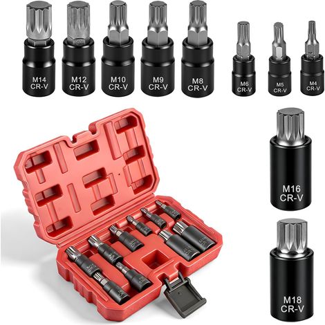 10 PCS Douille Torx Male 12 Pans M4 M5 M6 M8 M9 M10 M12 M14 M16 M18, Coffret Embout 12 Pans 1/2 1/4 3/8, Jeux de Douille XZN avec Boîte, pour Clés Dynamométriques et Perceuses (1/5)