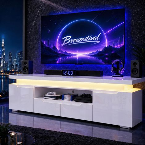 VASIEN – Meuble TV Blanc Brillant 180 cm avec LED,USB,Espace De Rangement,Meuble TV Moderne Avec 2 Portes Et 2 Tiroirs,étagère Ouvert,Meuble Tele Pour TV Jusqu'à 75 Pouces,Banc TV Pour Salon Chambre (1/5)
