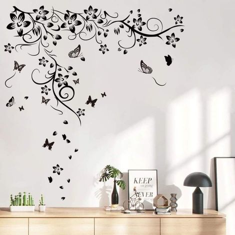 Sticker Muraux Fleurs et Papillons Autocollant Mural Vigne Noir Amovible Deco Stickers Chambre Enfant Salon Tete de Lit Decoration (1/5)