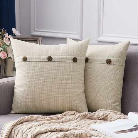 Lot de 2 Housses de Coussin décoratives carrées en Lin Style Rustique Housses de Coussin en Lin décor Vintage pour Coussins canapé Voiture de Chambre 45X45CM Lait Blanc (1/5)