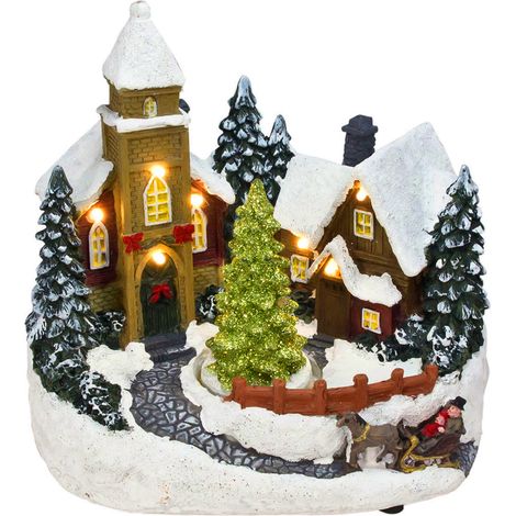 Village LED avec mouvement et arbre rotatif - 19 cm - Décoration de Noël