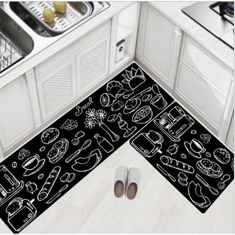 2PCS Tapis Cuisine en Cuir Artificiel PVC Antidérapant Tapis Devant Evier Résistant à l'Eau et aux Huiles 45x75+45x150cm Noir (1/2)