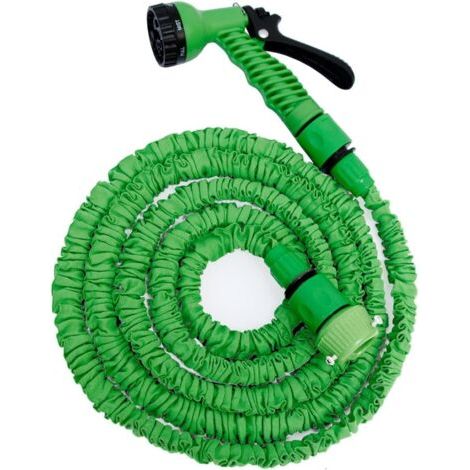 Flexibler, ausziehbarer Gartenschlauch 7,5 m, Teleskopanschluss mit 7-Funktions-Sprühpistole zur Gartenbewässerung und -reinigung (7,5 m Grün)