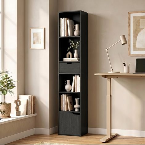 Biblioteca de 6 compartimentos con cajón y estante regulable, 30 x 24 x 158 cm, negra DESVIAE (1/5)