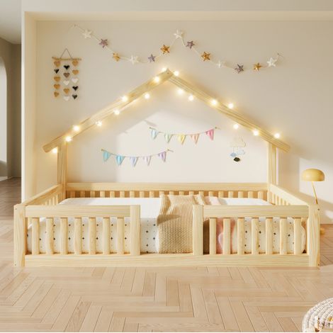 Etagenbett 90/200 cm de madera con barrera de seguridad y luces LED, natural (1/5)