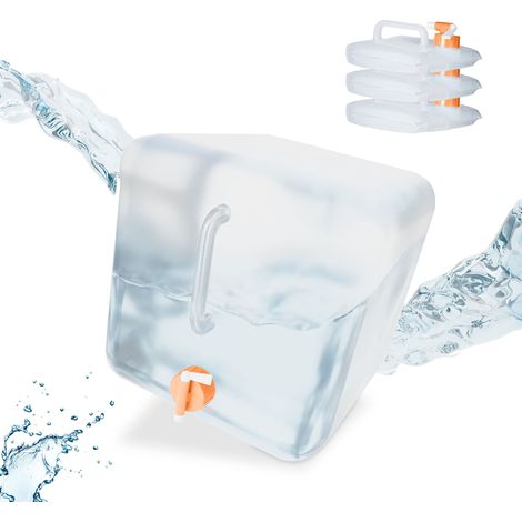 Relaxdays Tanica da Campeggio Pieghevole, Set da 4, con Rubinetto, Plastica senza BPA, 20 litri, Trasparente Arancione