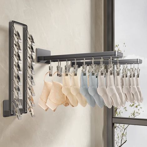 Étendoir mural pliable en alliage de zinc, résistant au vent, avec 16 pinces, pour chaussettes, sous-vêtements et serviettes (43,3 cm / 17 pouces). (1/5)