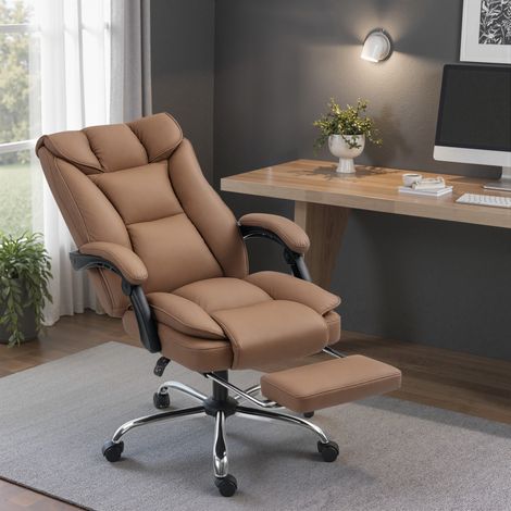 Chaise de bureau marron avec repose-pieds inclinable, dossier épais, rembourrage en cuir synthétique