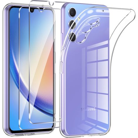 Coque pour Samsung Galaxy A34 5G,avec 2 pièces Verre trempé,Transparence Souple TPU Étui Protection pour Samsung A34 5G,Bumper Housse Prévention des Chutes,Anti- Rayures,Ultra Mince (1/5)
