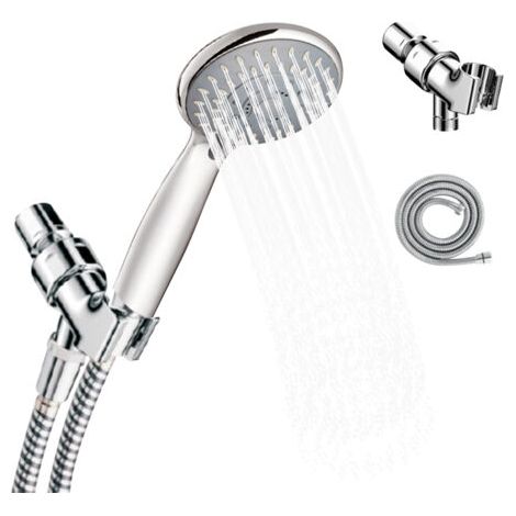 Ensemble de douchette à main, 5 jets, comprenant un flexible en acier inoxydable et un support réglable, finition chromée polie, support pour douchette, salle de bain (1/5)