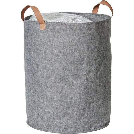 Panier Rangement Pliable en Lin Gris Chiné, Poignées Cuir Textile, Polyvalent, Panier à Linge, Boîte de Rangement Tissu, 40x40x45cm (1/5)