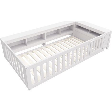 Cama infantil 90x200 cm con almacenaje, barreras de seguridad y somier, blanca (1/5)