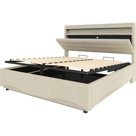 Lit coffre rembourré 140 x 200 cm beige avec LED, USB Type-C et mécanisme hydraulique HOMVRA (1/5)