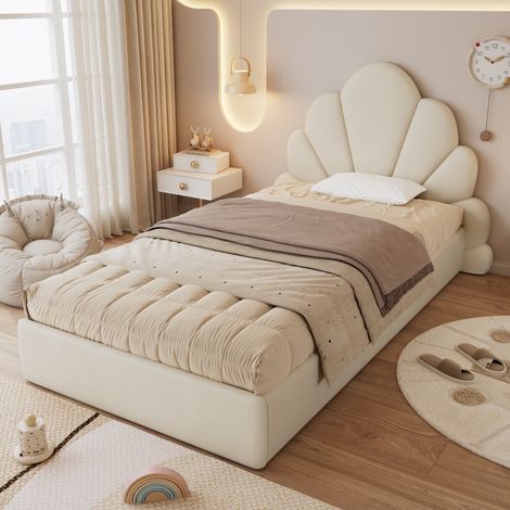 Lit simple 90x200 cm, lit enfant, tête de lit à pétales courbés, velours, sommier à lattes, cadre de lit moderne, Beige (1/5)