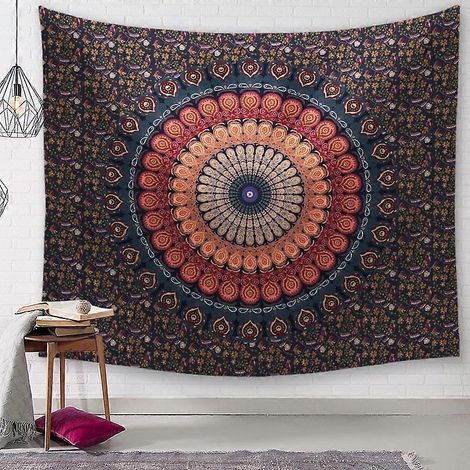 Tapisserie murale Mandala Grande Vague avec coucher de soleil, tapisserie océan en noir et blanc, tenture murale pour salon ou chambre - Versailles (M/130x (1/5)