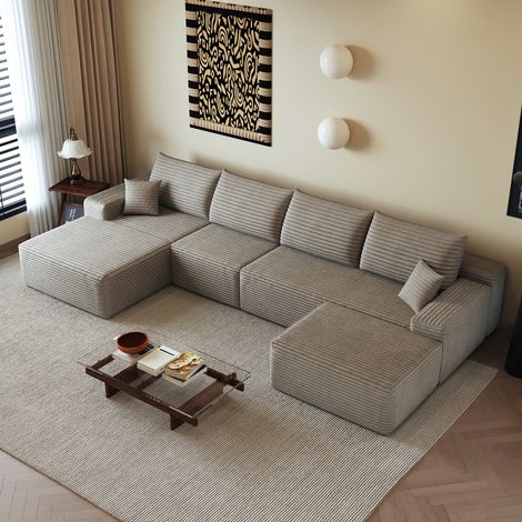 Canapé d'angle en U 340cm,canapé modulaire en velours côtelé,avec chaiselongue,1 repose-pieds,canapé 5 place compression,assise profonde,Chameau