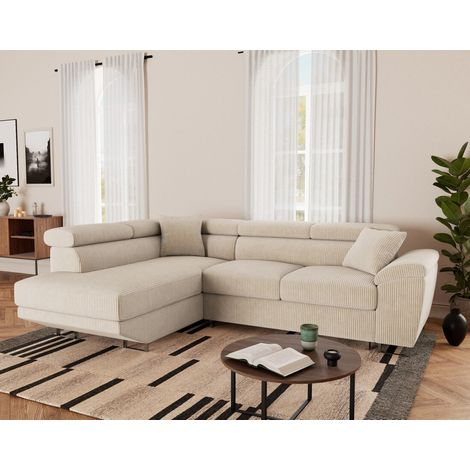 Bestmobilier – Canapé d'angle gauche 5 places convertible – Têtières ajustables – Coffre de rangement – Velours côtelé beige – Style contemporain
