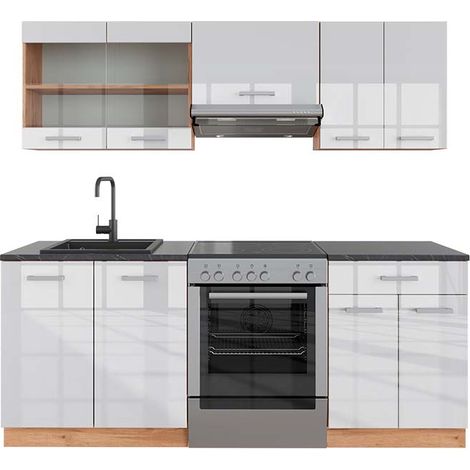 Cucina componibile R-Line, Bianco lucido/oro power oak, 200 cm , PL Antracite, Vicco
