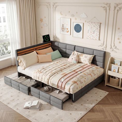 Lit Adulte avec tiroirs 140x190 cm, Lit Double avec LED et USB, Sommier à Lattes, Scandinave, Tissu lin, Gris