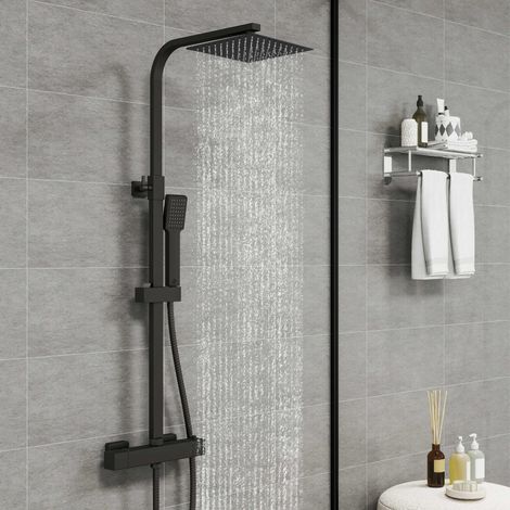 Ducha Casa Columna de Ducha con Termostato - Alcachofa Cuadrada, Raciador Superior y Barra Ajustable Negro Mate (1/5)